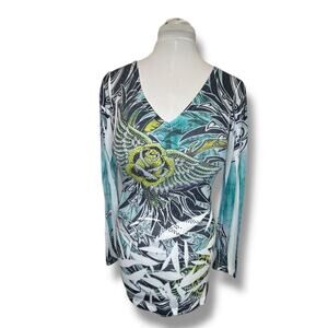 Davida Women’s Long Sleeve V Neck Graphic with Sequin Fitted Knit Top Biker L